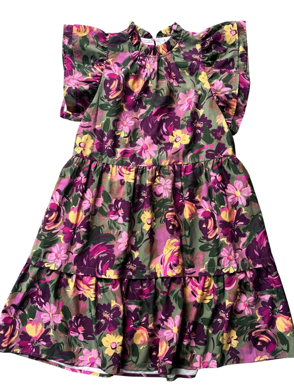 THML Green Floral Midi Dress with Purple & Pink Blooms